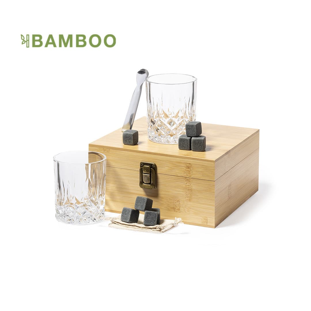 A bamboo box containing two crystal glasses, a stirring spoon, and grey whiskey stones. Steger - Image 1