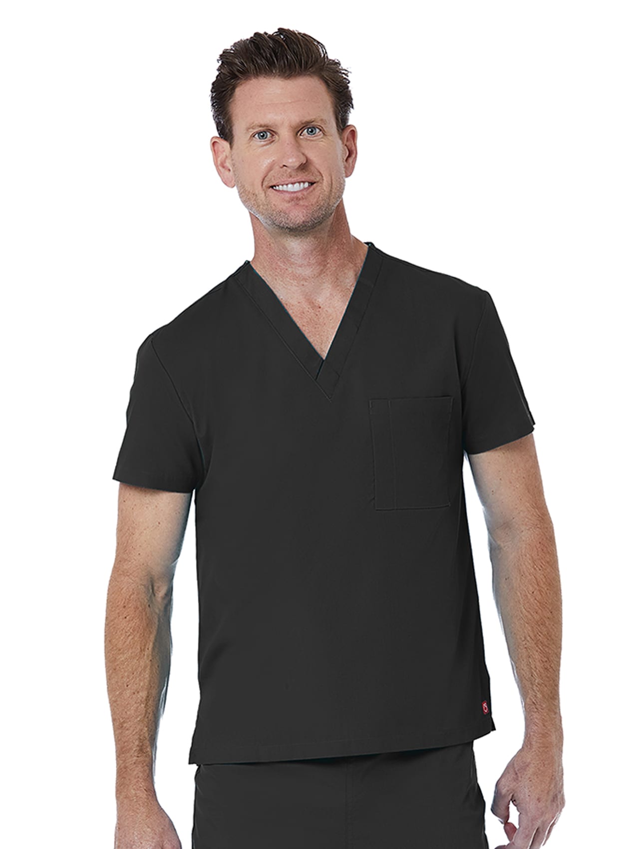 A unisex V-neck top in black, featuring short sleeves and a chest pocket, modelled by a man. Red Panda Unisex V-Neck Top - Image 1