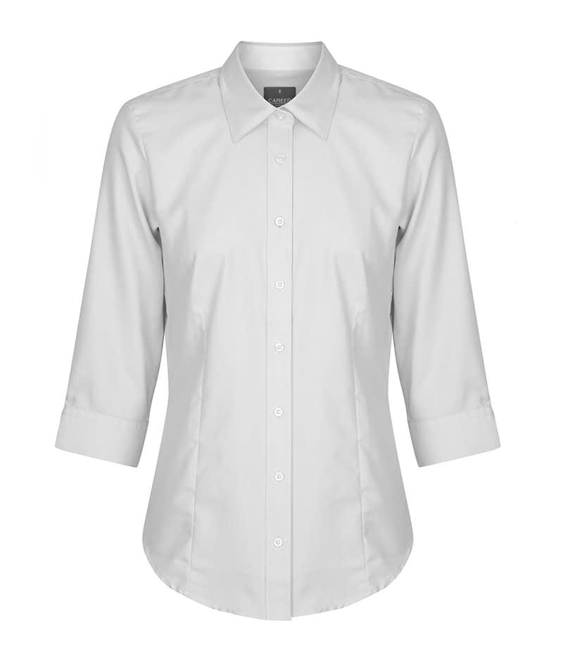 A button-up shirt in light grey with three-quarter sleeves and a classic collar, featuring a logo. Landsdowne - Image 1