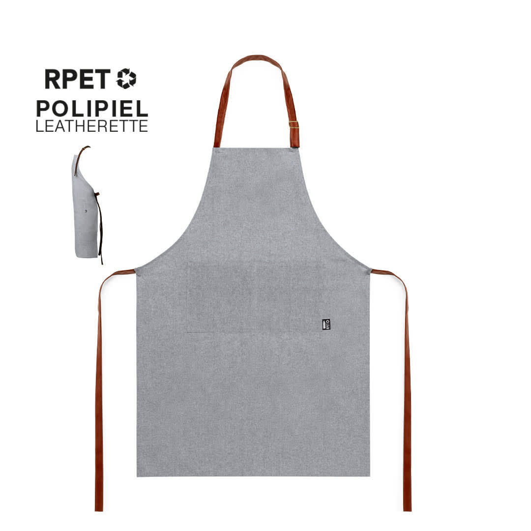 A grey apron with brown straps and a logo, made from RPET leatherette material. Hanaku - Image 1