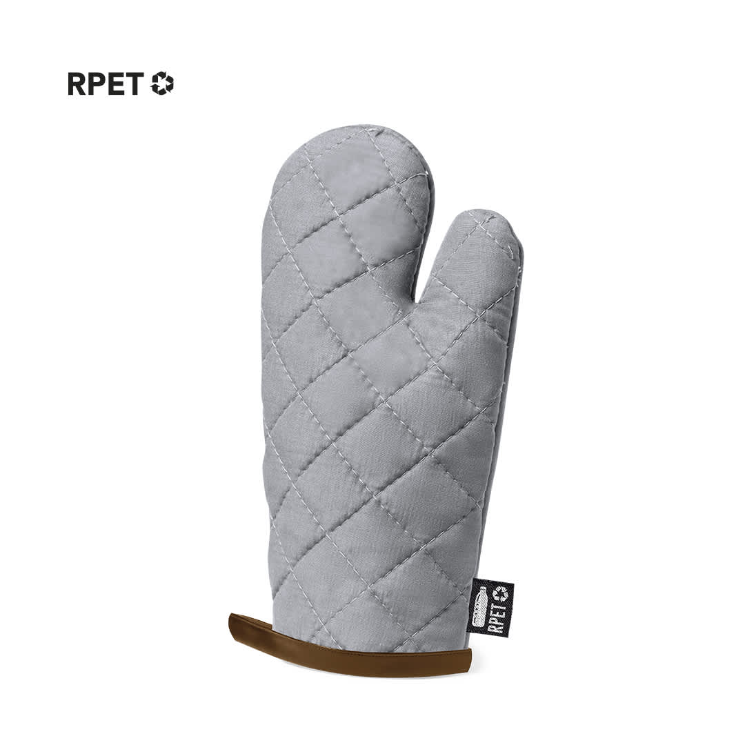 A grey quilted kitchen mitten with a brown grip and a logo tag at the base. Kalose Kitchen Mitten - Image 1