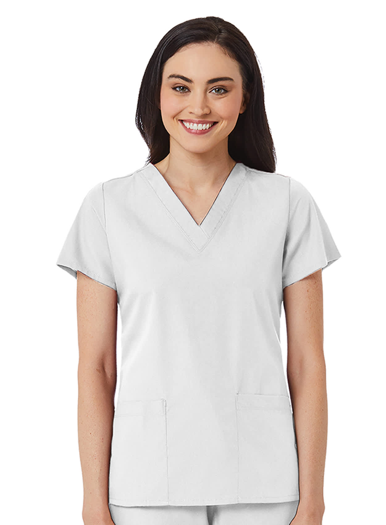 A women's v-neck top in light grey with short sleeves and two front pockets. Features a branding logo. Red Panda Womens V-Neck Top - Image 1