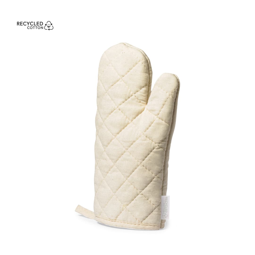 A cream-coloured kitchen mitten made from recycled cotton, featuring a quilted design and a hanging loop. Cafar Kitchen Mitten - Image 1