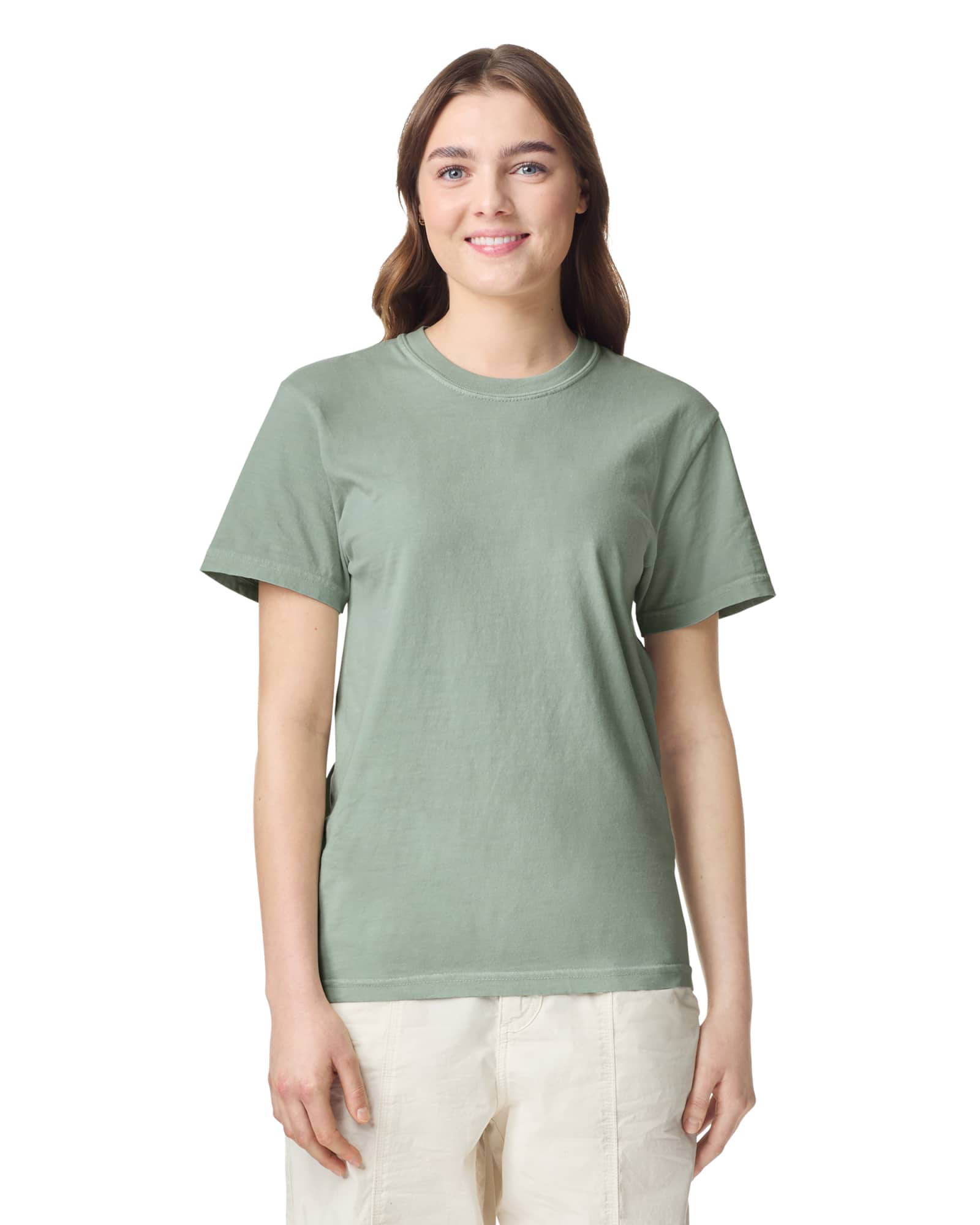 A lightweight, sage green adult heavyweight T-shirt with short sleeves and a plain design. Features a logo on the upper left. Adult Heavyweight T-Shirt - Image 1