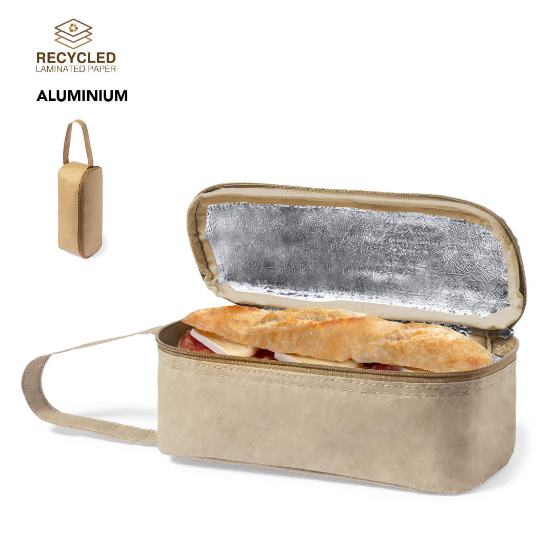A thermal lunch holder in beige, featuring a silver insulated interior and a handle. Contains a sandwich. Batuk Thermal Sandwich Holder - Image 1