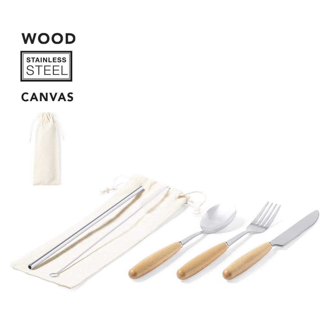 A cutlery set featuring stainless steel utensils with wooden handles, packaged in a canvas bag. Basuky Cutlery Set - Image 1