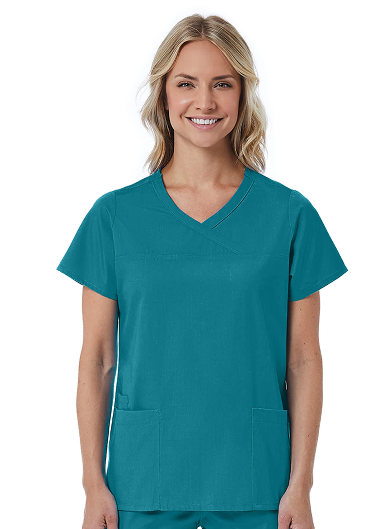 A teal women's mock wrap top featuring short sleeves and two front pockets. The model stands smiling. Red Panda Womens Mock Wrap Top - Image 1