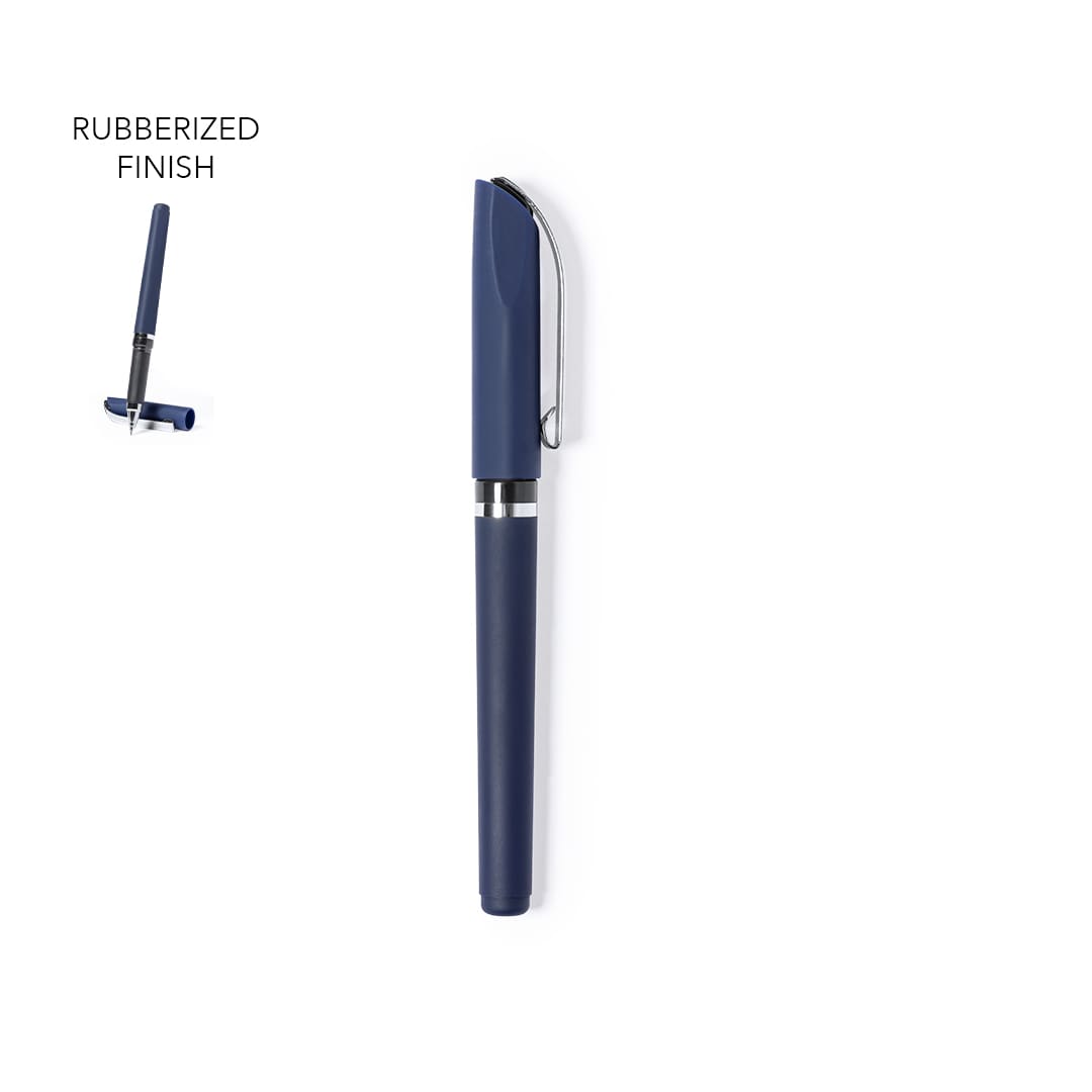 A navy blue roller pen with a rubberised finish and a metal clip, featuring a sleek design. Bandax Roller - Image 1