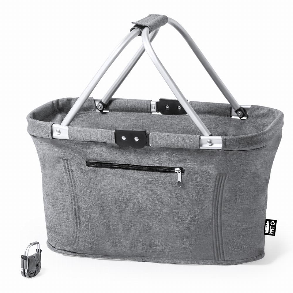 A grey shopping basket with metal handles and a zippered pocket, featuring a logo on the side. Dorothy - Image 1