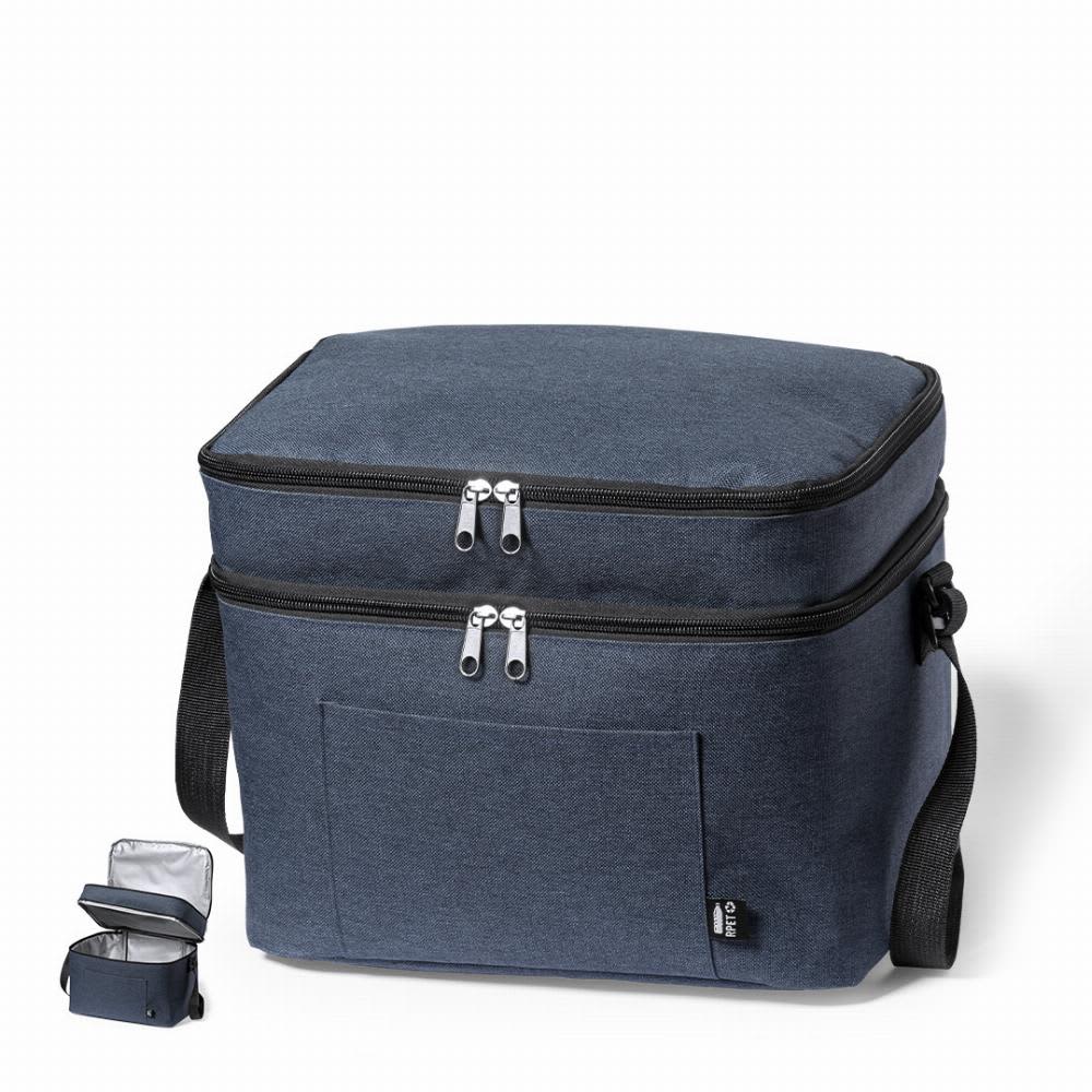 A dark blue insulated cooler bag with a zippered top, featuring a front pocket and a small detachable compartment. Teindor - Image 1