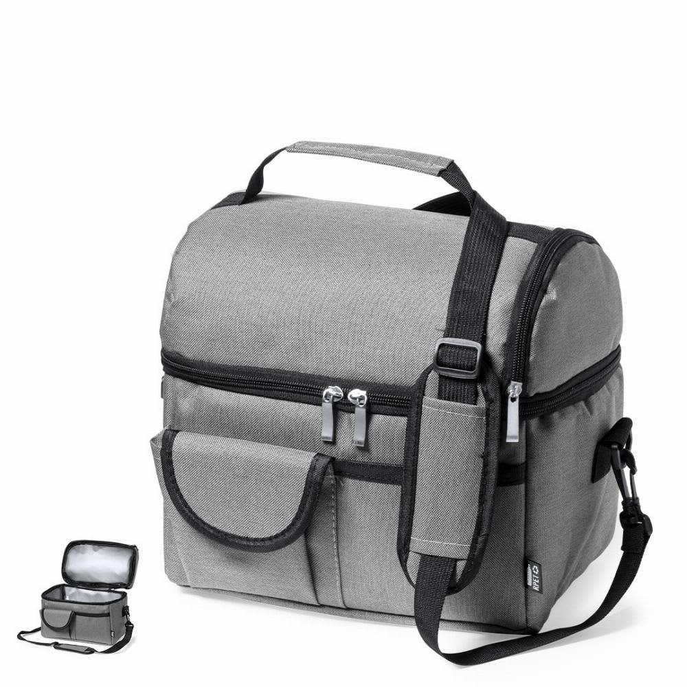 A grey insulated bag with a detachable shoulder strap and a small matching container on the side. Gunnur - Image 1