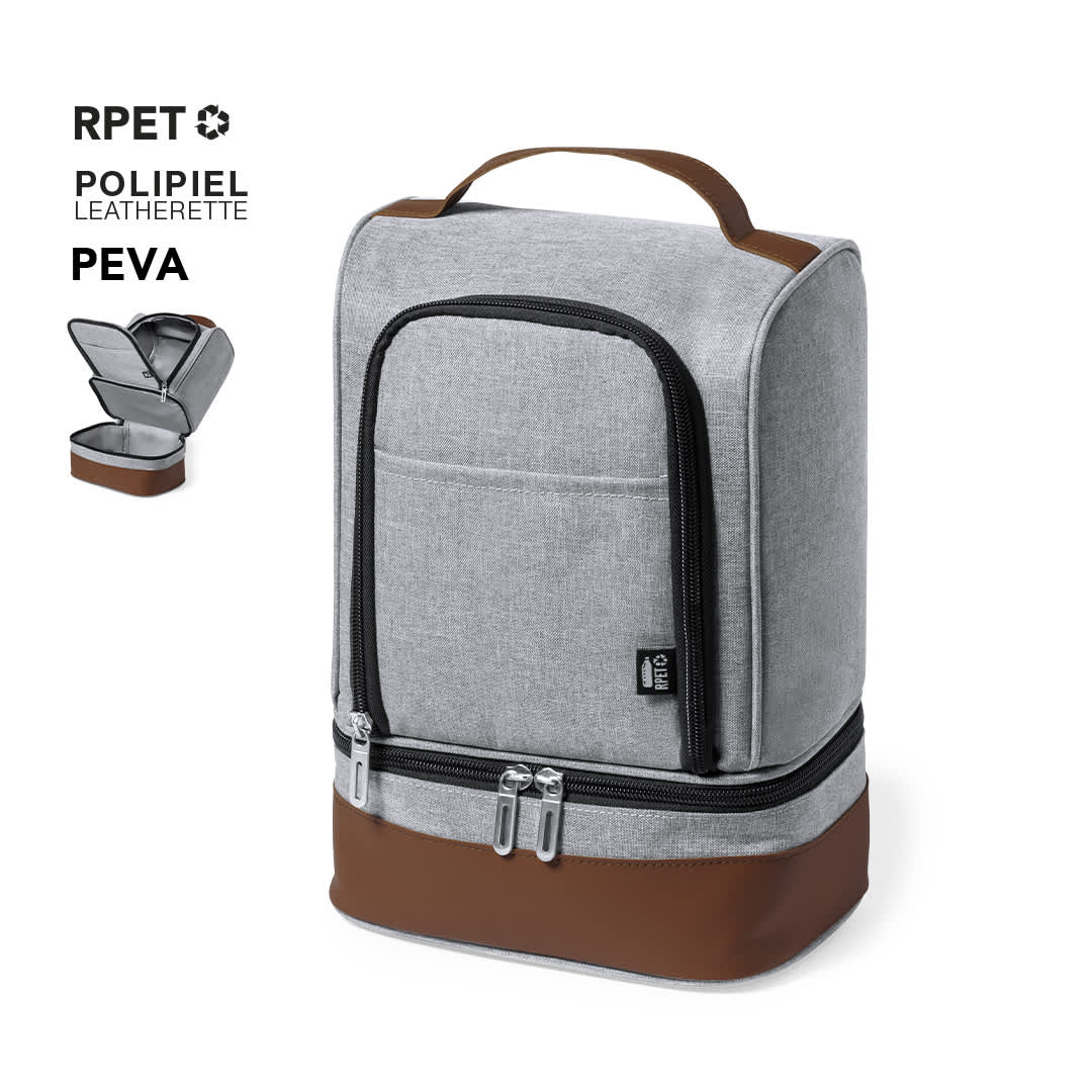 A grey cooler bag with brown accents, featuring a front zippered pocket and a sturdy handle on top. Kumak Cool Bag - Image 1