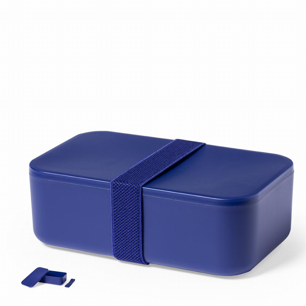 A lunch box in vibrant navy blue with a secure strap, designed for storage and portability. It includes a small insert. Sandix - Image 1