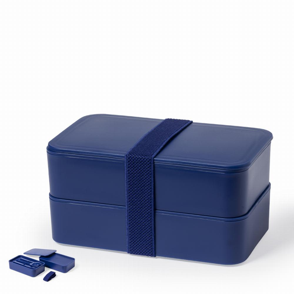 A navy blue lunch box with two stacking containers and a strap, accompanied by a small utensil set. Vilma - Image 1