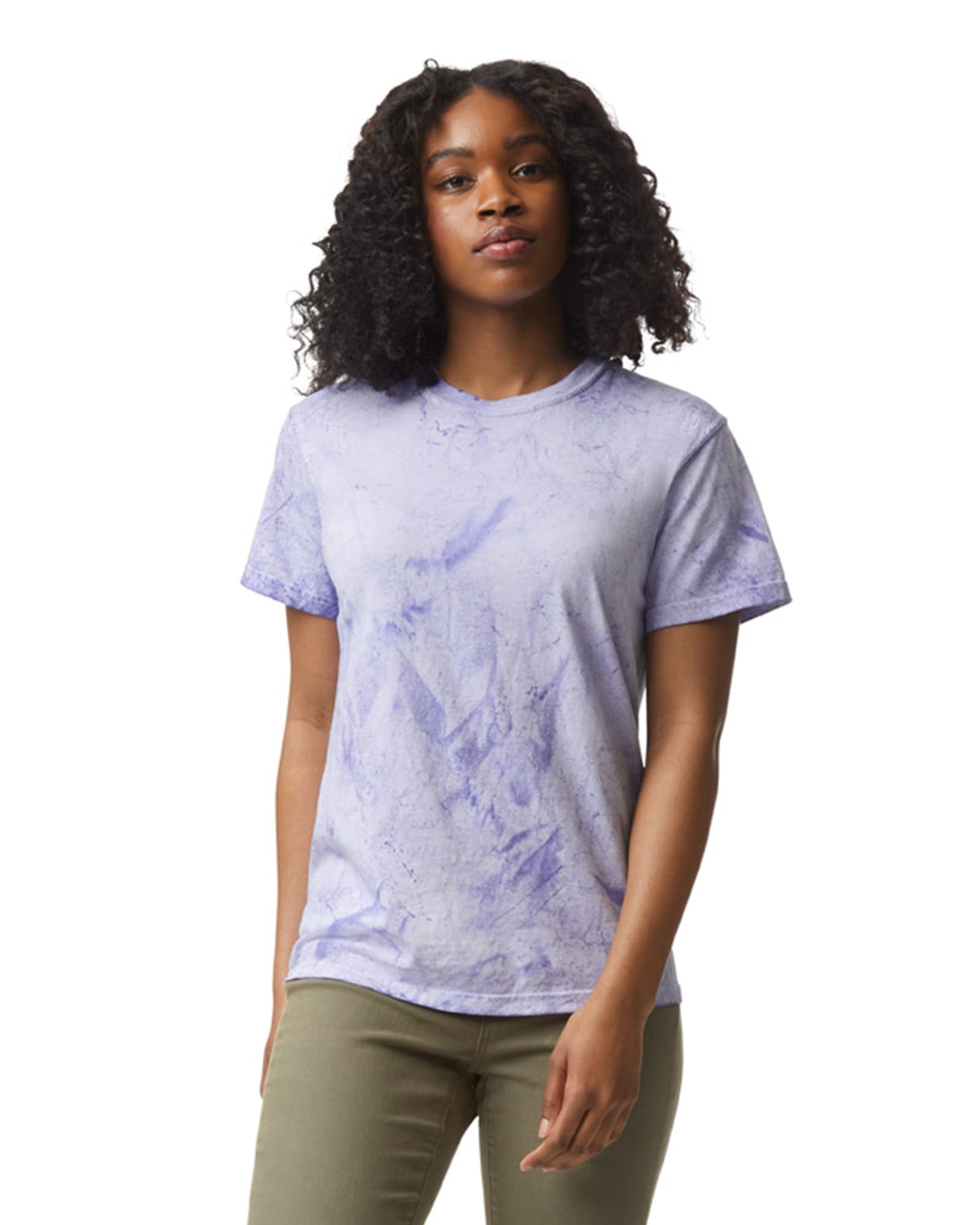 A heavyweight t-shirt in a marbled purple pattern, featuring a round neckline and short sleeves. It has a logo on the front. Comfort Colors Adult Color Blast Heavyweight T-Shirt - Image 1