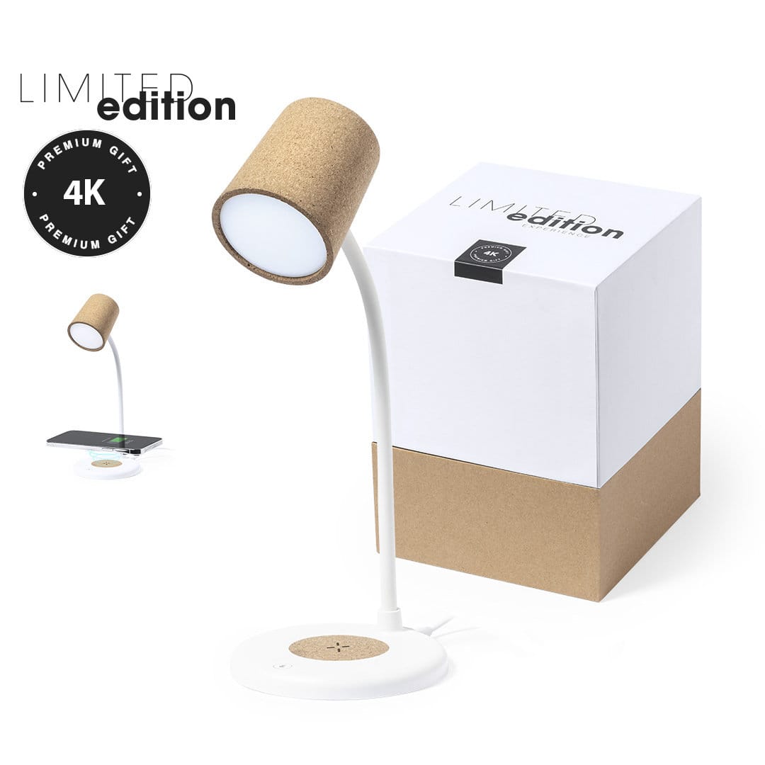 A multifunction lamp with a white base and a cork shade, displayed alongside its premium gift box. Borstein Multifunction Lamp - Image 1