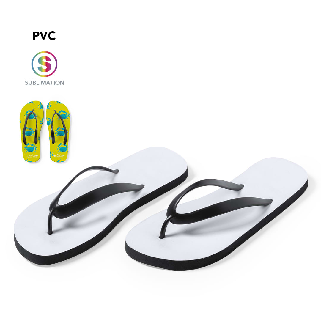 A pair of flip flops featuring a black strap and a white sole, suitable for customisation. Badrak Sublimation Flip Flops - Image 1