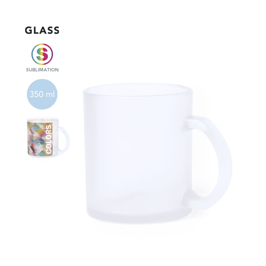 A frosted glass mug with a handle, featuring a sublimation design, holds up to 350 ml. Amira Sublimation Mug - Image 1
