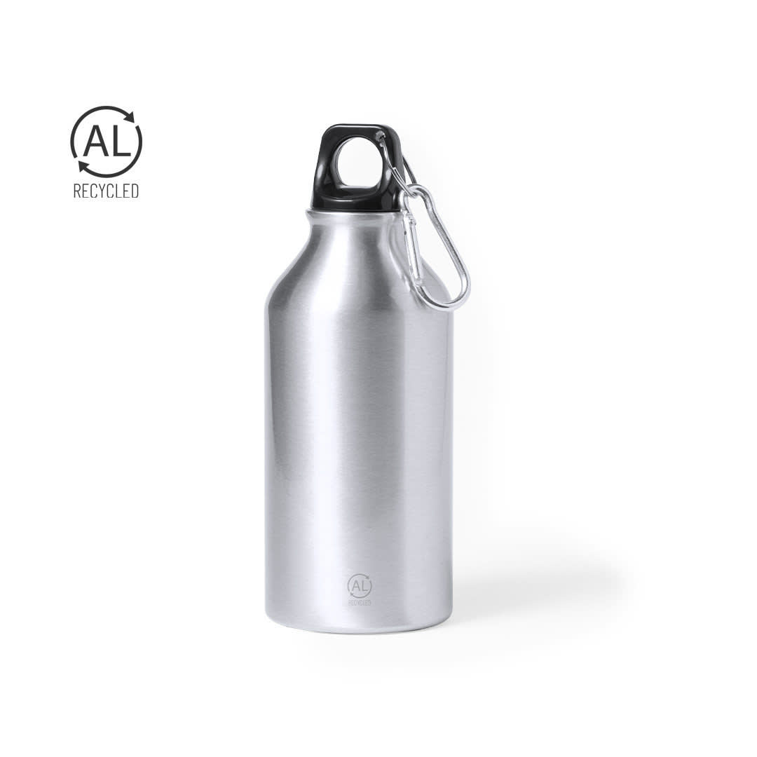 A drink bottle in shiny silver metal with a black lid and a metal carabiner. It has a logo on the side. Seirex - Image 1