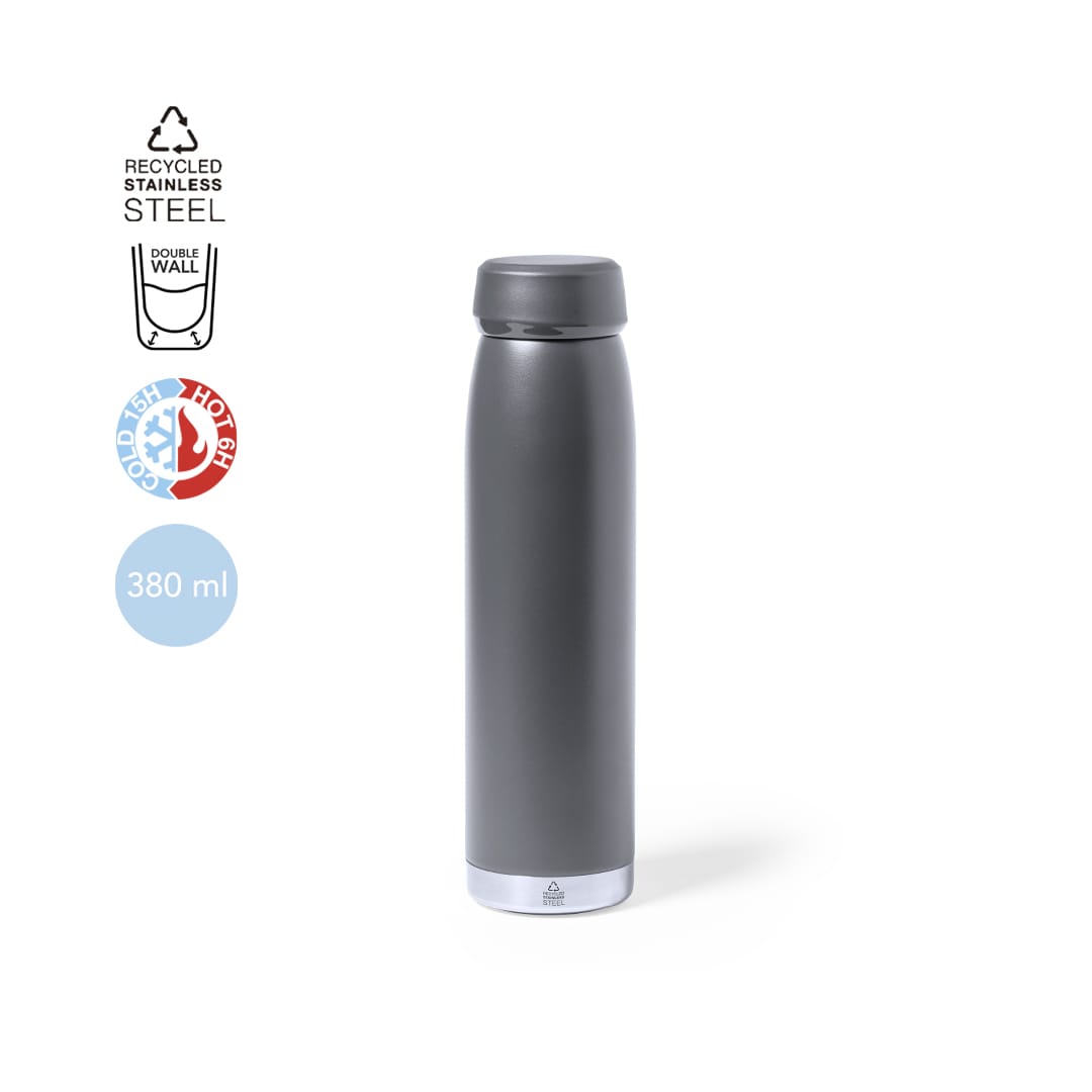 A drink bottle made of recycled stainless steel in a sleek dark grey finish, featuring a double wall design. Nimay Insulated Bottle - Image 1
