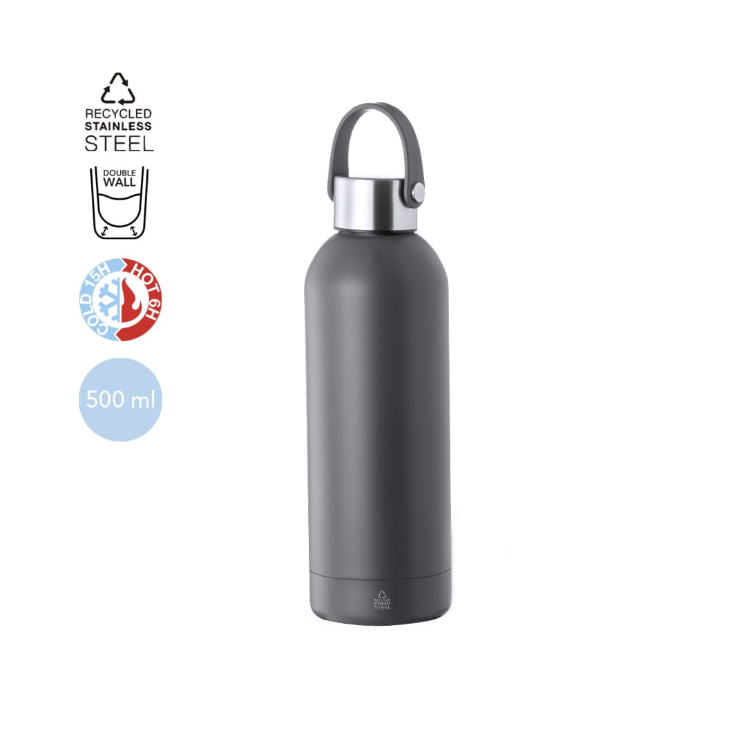 A drink bottle made of recycled stainless steel, featuring a matte grey finish and a handle. It has a branding logo. Breidy Insulated Bottle - Image 1