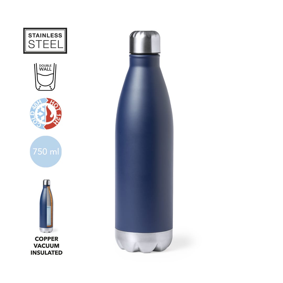 A drink bottle in navy blue with a stainless steel finish and a rounded silver base, featuring a logo. 750 ml capacity. Willy Insulated Bottle - Image 1