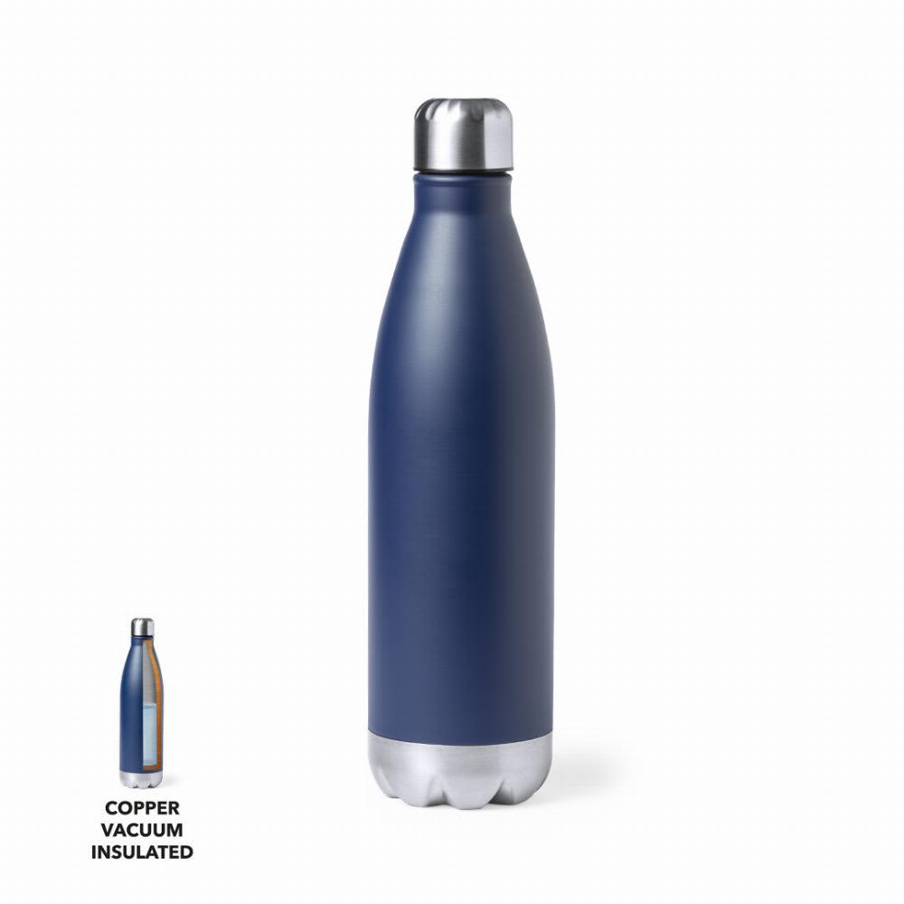 A drink bottle in navy with a silver base, featuring a stainless steel cap and a logo. Copper vacuum insulated design. Willy - Image 1