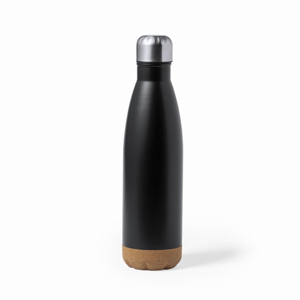 A drink bottle in matte black with a silver cap and a cork base, featuring a sleek, modern design. Kraten - Image 1