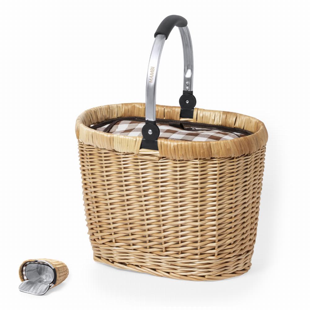 A woven picnic basket with a handle, featuring a checkered lining and a removable cover, in natural and brown tones. Halbax - Image 1