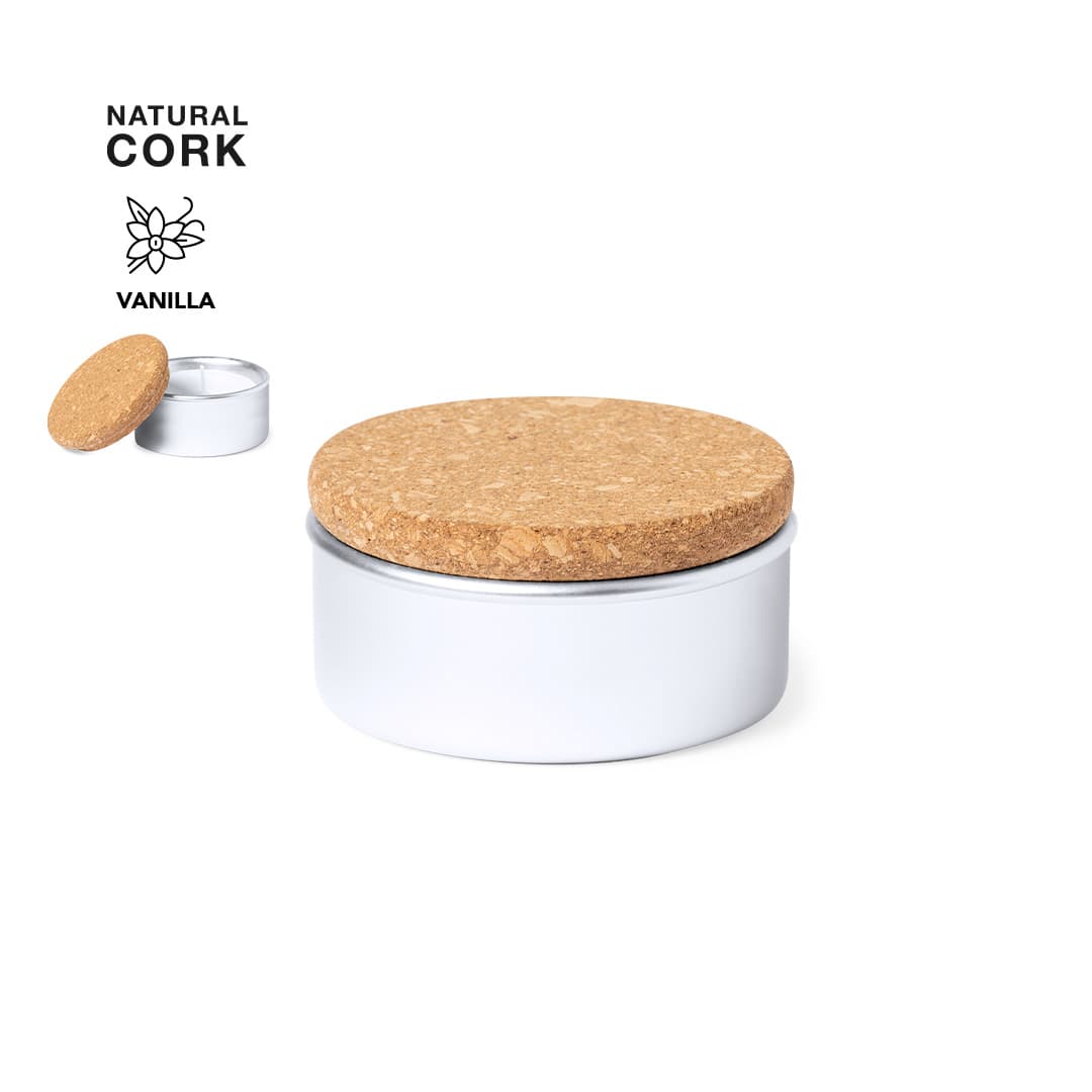 A cylindrical candle with a natural cork lid, featuring a silver base and a vanilla scent. Suyen Aromatic Candle - Image 1