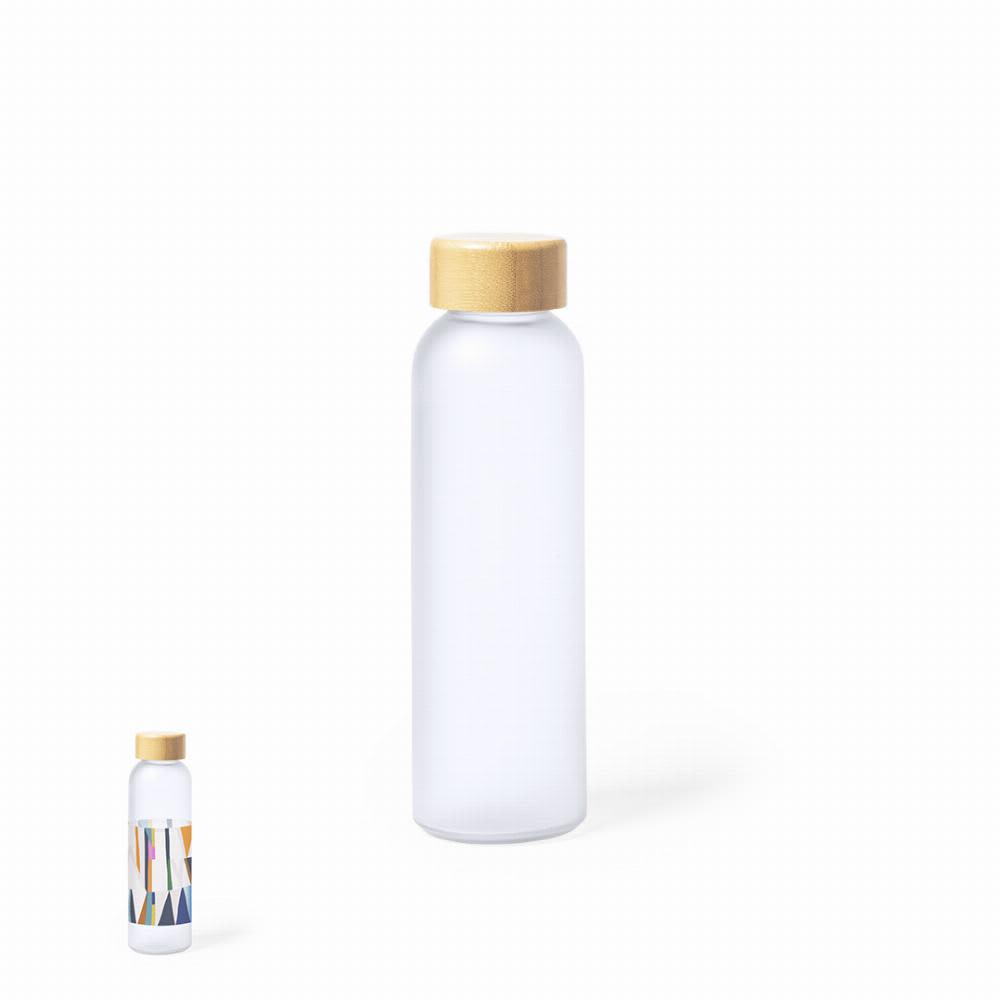 A drink bottle with a transparent body and a wooden-looking cap, featuring a colourful geometric design on one side. Kaory - Image 1