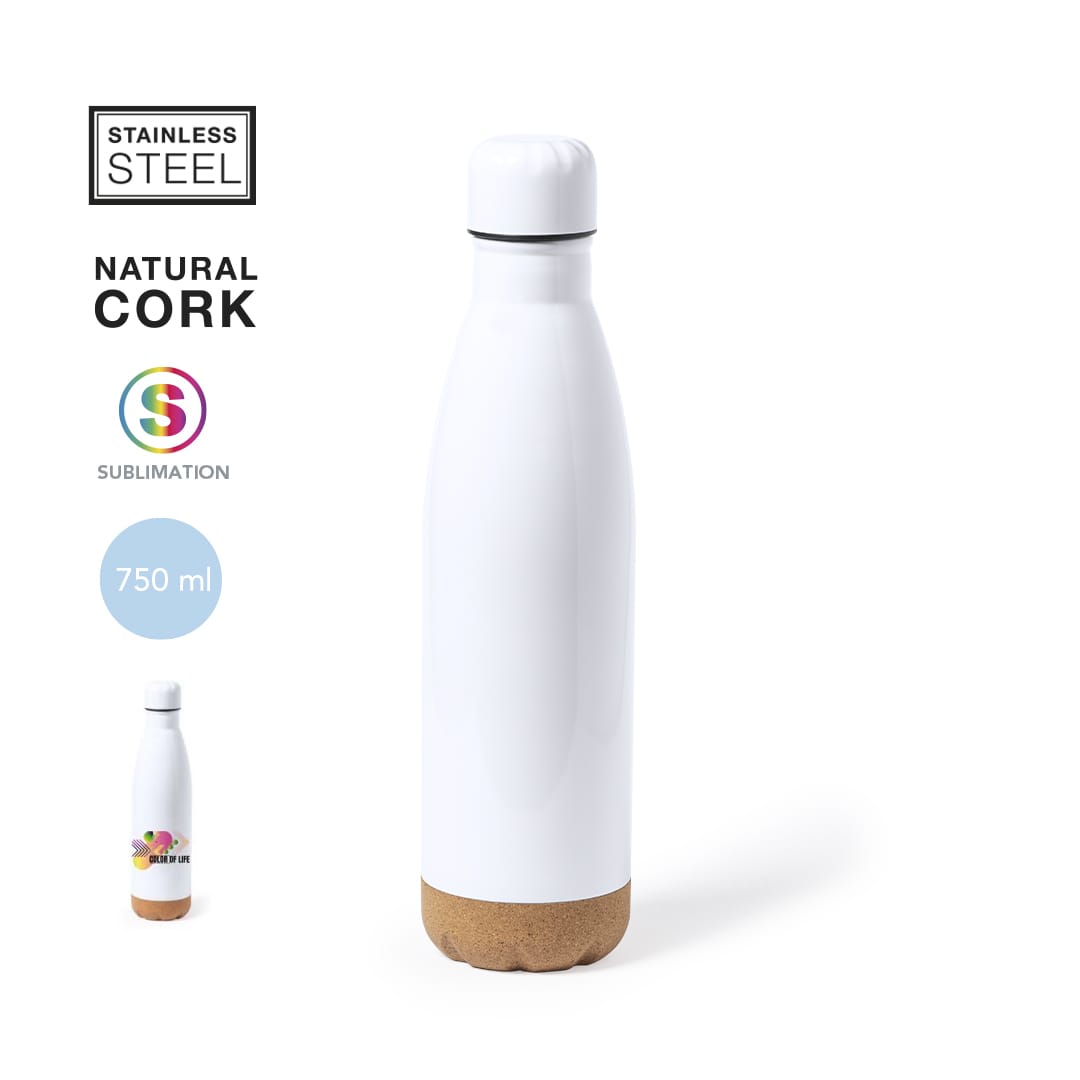 A drink bottle made of stainless steel with a white finish and a natural cork base, holding 750 ml. Pooch Sublimation Bottle - Image 1
