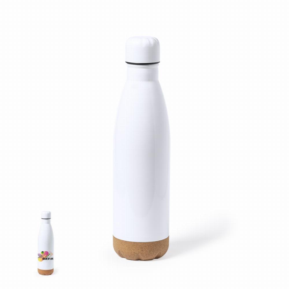 A drink bottle with a white body and a cork base, featuring a logo on the front. Pooch - Image 1
