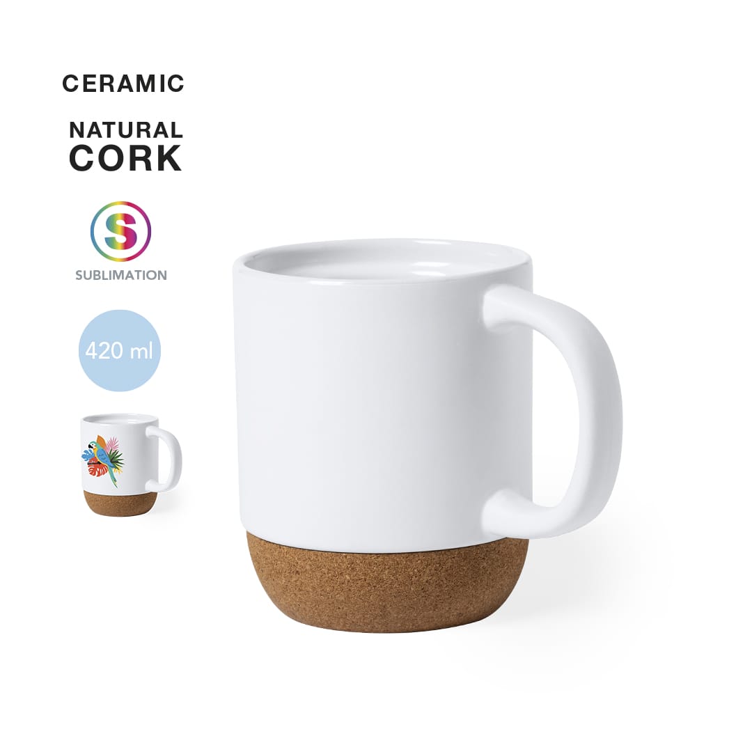 A ceramic mug with a white body and natural cork base, designed for sublimation, 420 ml capacity. Roset Sublimation Mug - Image 1