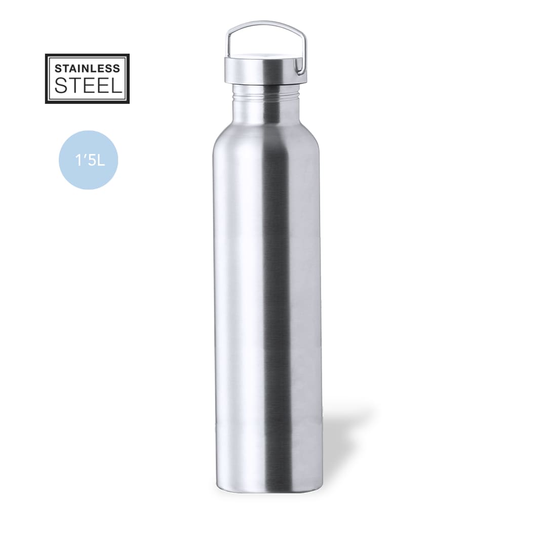 A stainless steel drink bottle with a sleek silver finish and a removable cap. Features a branding logo. Cheddy Bottle - Image 1