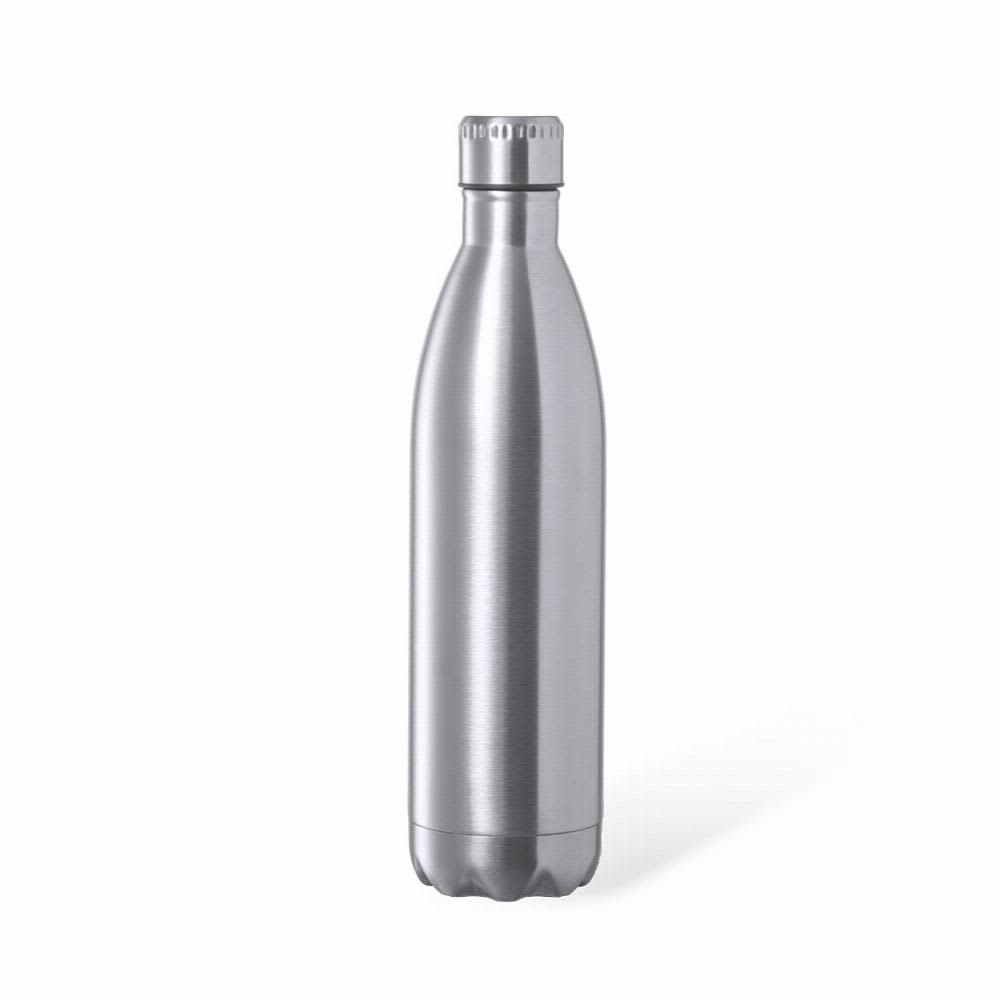 A drink bottle made of stainless steel with a sleek, silver finish and a screw-off lid. It features a logo. Heytun - Image 1