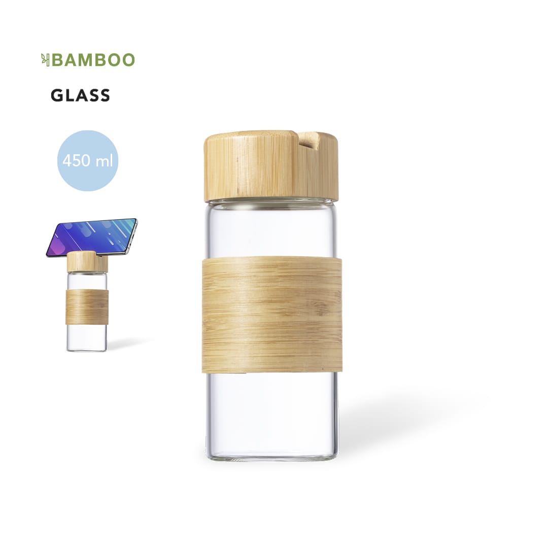 A drink bottle made of glass with a bamboo lid and a bamboo sleeve, featuring a capacity of 450 ml. Nowsly Bottle - Image 1