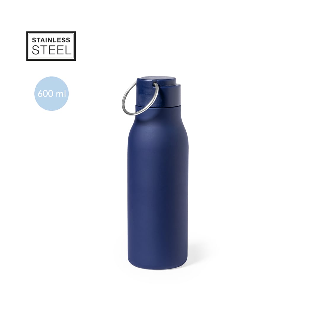 A drink bottle made of stainless steel, featuring a matte navy finish and a looped cap. Holds 600 ml. Bucky Bottle - Image 1