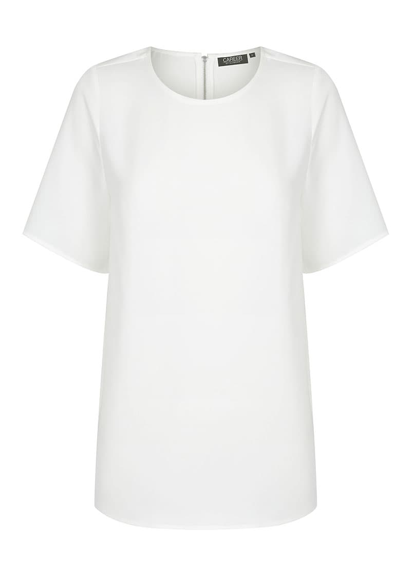 A white short sleeve shirt with a round neckline and a rear zip. Features a small logo. Taylor Short Sleeve - Image 1