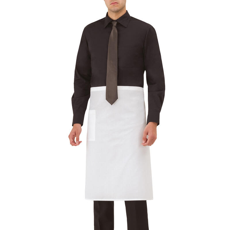 A white apron worn over a black shirt and tie, featuring a side pocket. The model is standing upright. Mosca Apron - Image 1