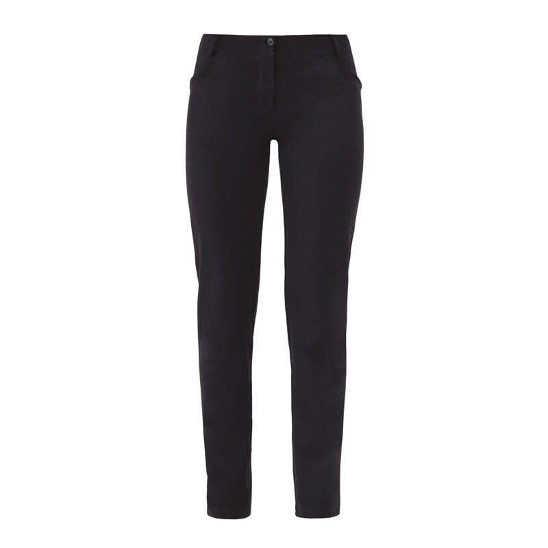 Black pants with a slim fit design featuring pockets and a button closure. The garment has a subtle branding logo. Layla Pants - Image 1