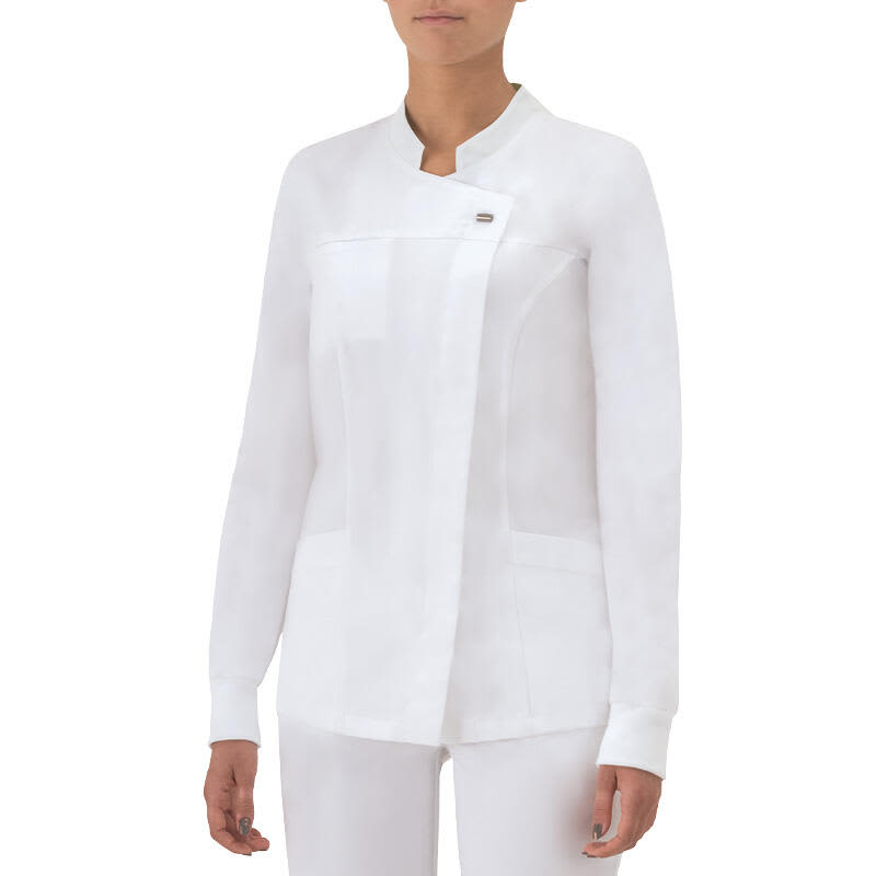 A long sleeve tunic in white with a structured design and a subtle logo on the front. Giada Long Sleeve Tunic - Image 1