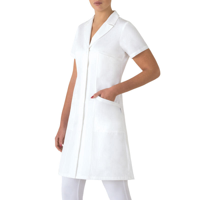 A white Marta lab coat with short sleeves and pockets, featuring a professional and polished design. Marta Lab Coat - Image 1