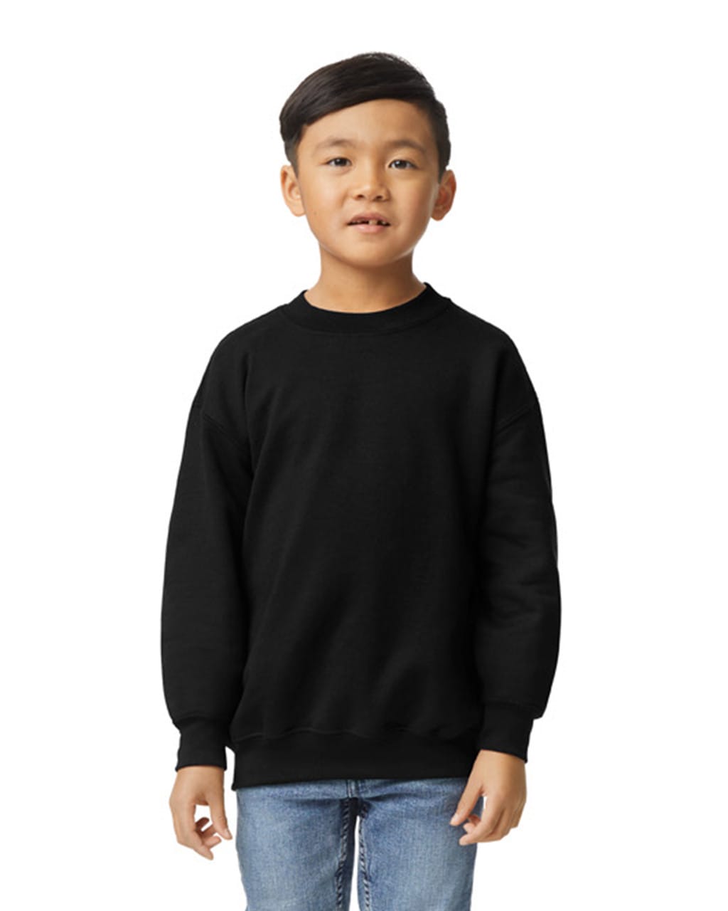 A youth sweatshirt in black, featuring a round neckline and long sleeves. It has a small logo on the chest area. Gildan Heavy Blend Youth Sweatshirt - Image 1