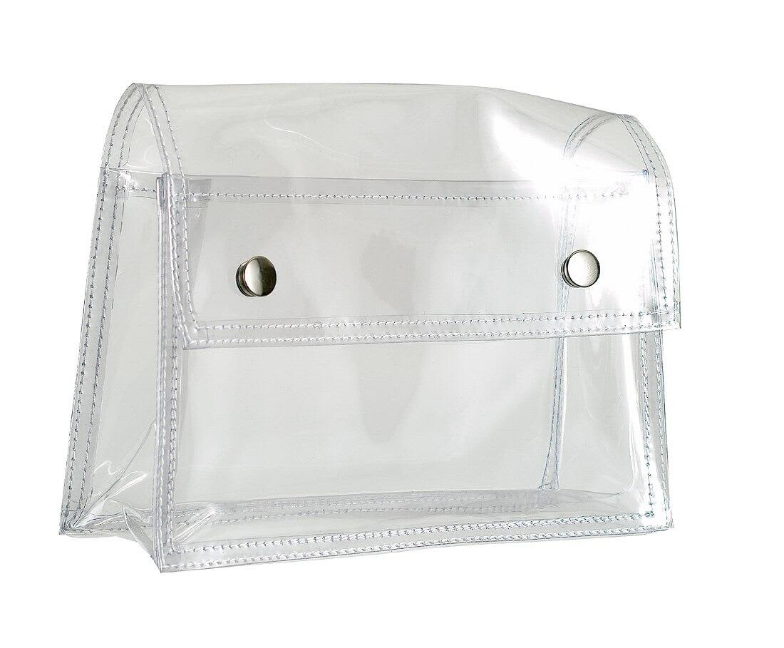 A clear, transparent bag featuring press buttons and stitch detailing. It has a sleek design suitable for various uses. Universal Bag with Press Buttons - Image 1