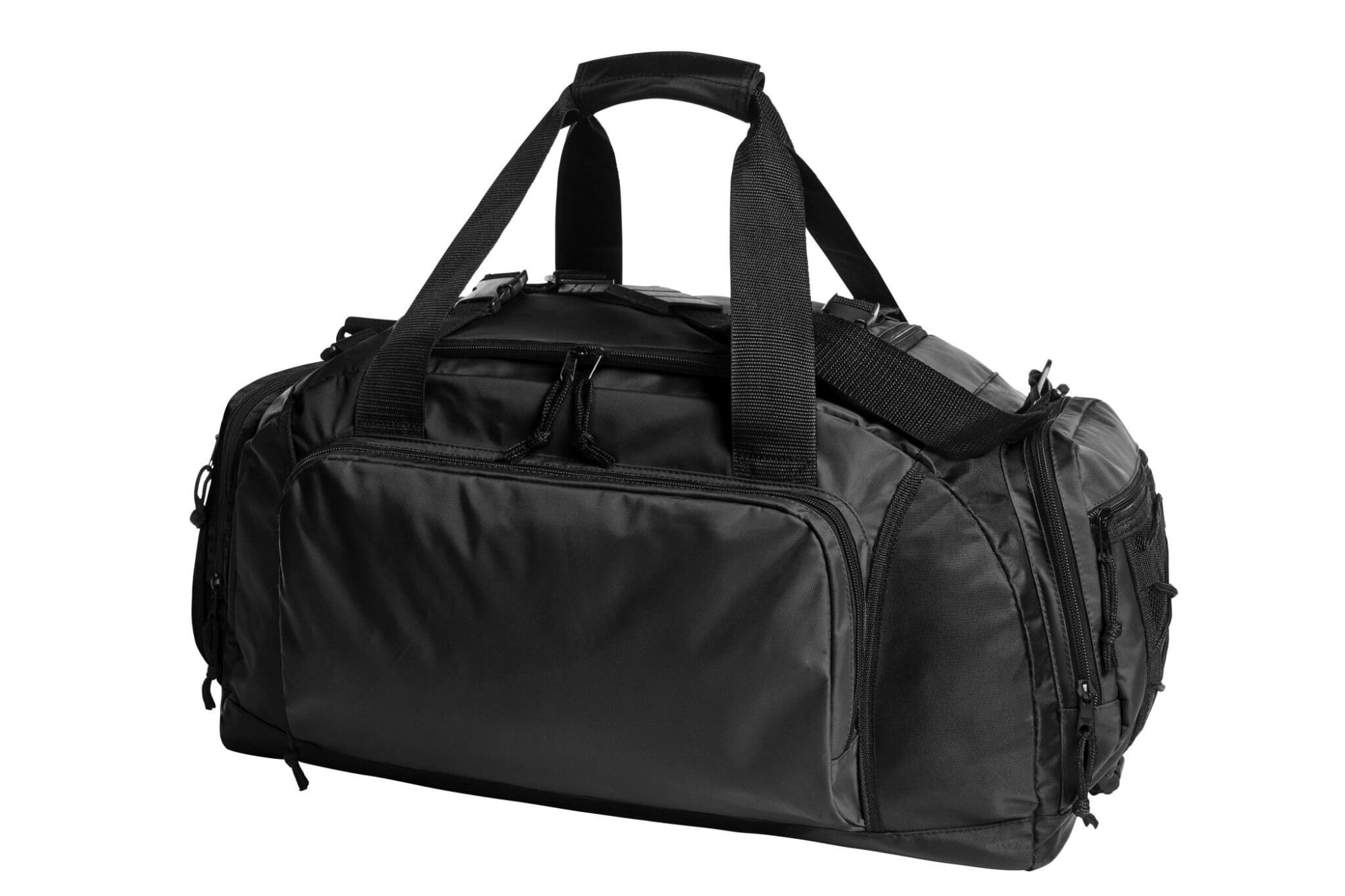 A black duffle bag with multiple compartments and sturdy handles, featuring a logo on the front. Sport Sport/Travel Bag - Image 1