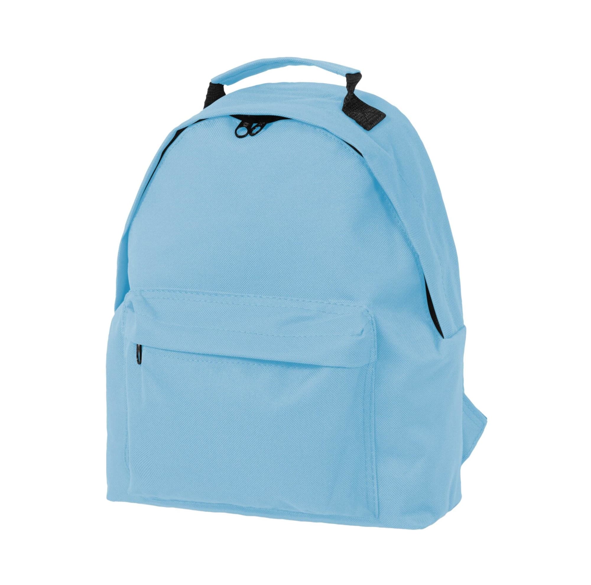 A blue kids backpack with a front pocket and black straps, featuring a handle on top and a simple design. Kids Backpack - Image 1