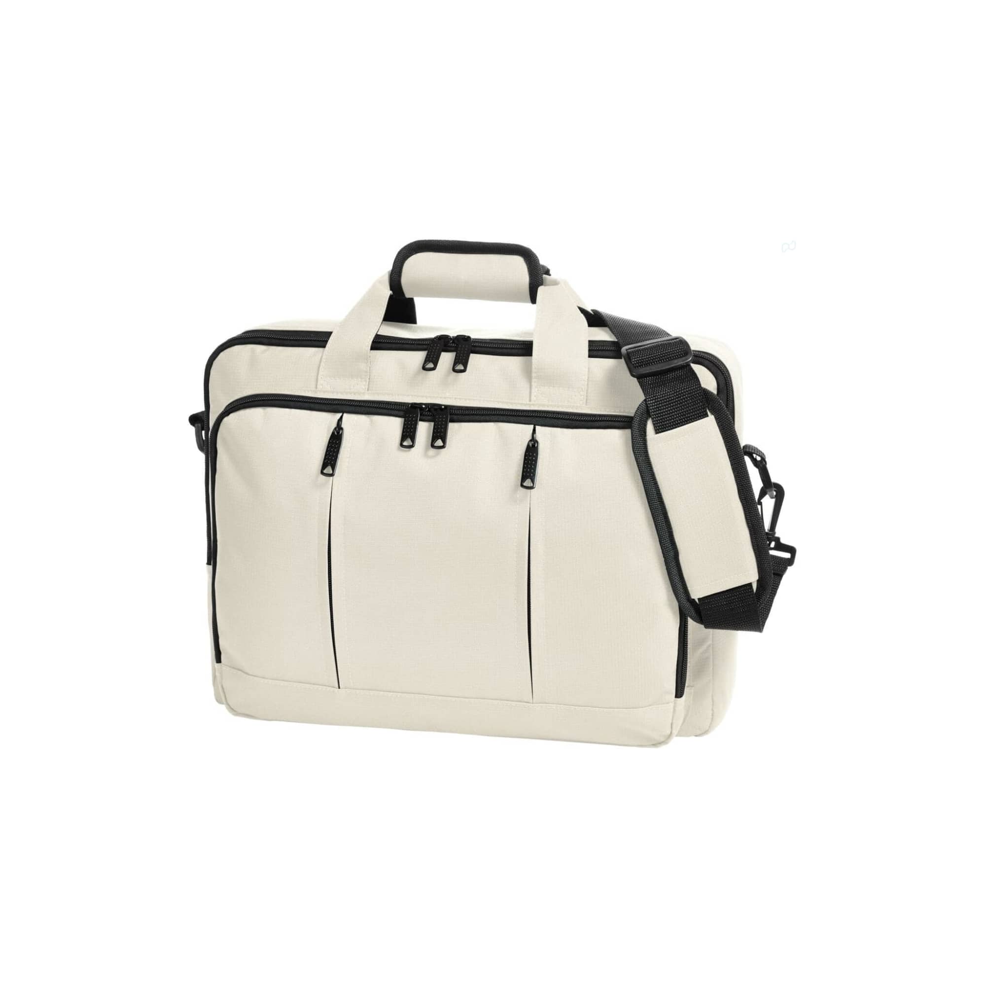 A cream laptop backpack with black accents, featuring multiple zippered compartments and a detachable shoulder strap. Economy Laptop Backpack - Image 1