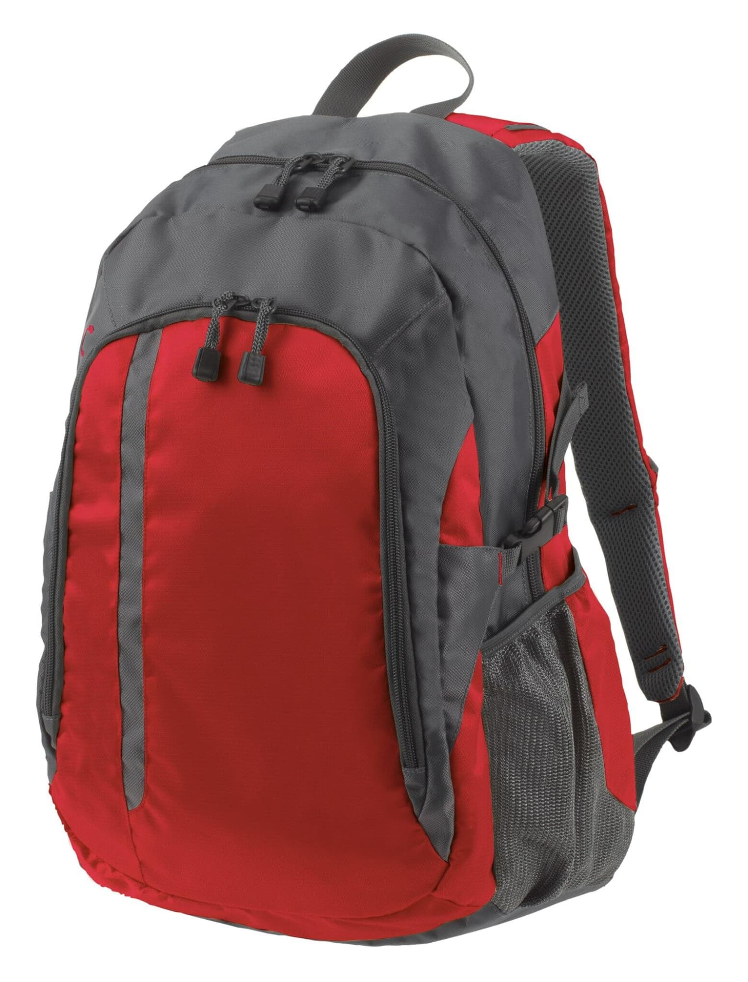 A red and grey backpack with multiple compartments and mesh side pockets, featuring adjustable straps and a logo. Galaxy Backpack - Image 1