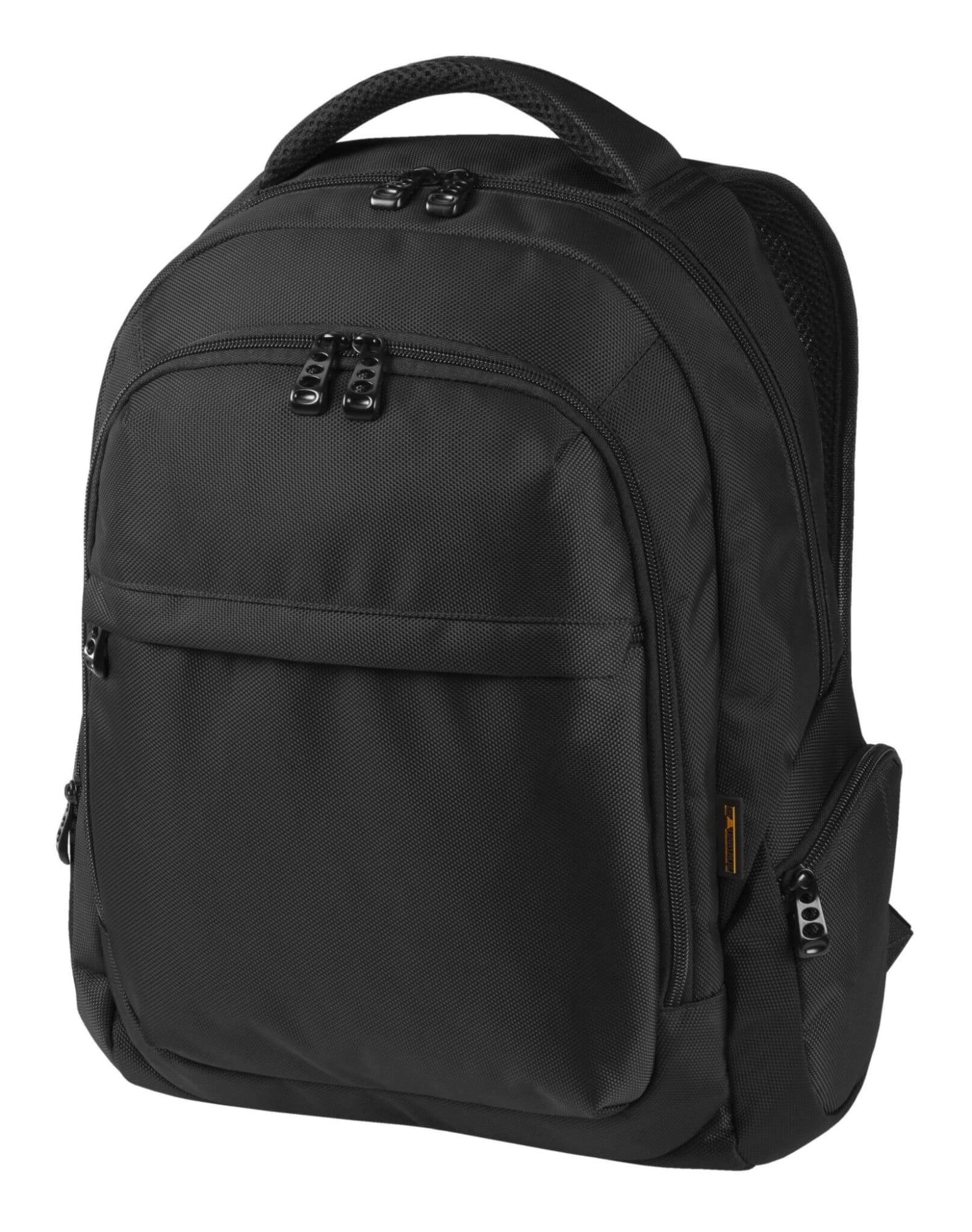 A black laptop backpack featuring multiple compartments and zippered pockets, with a sleek design and a logo. Mission Notebook Backpack - Image 1